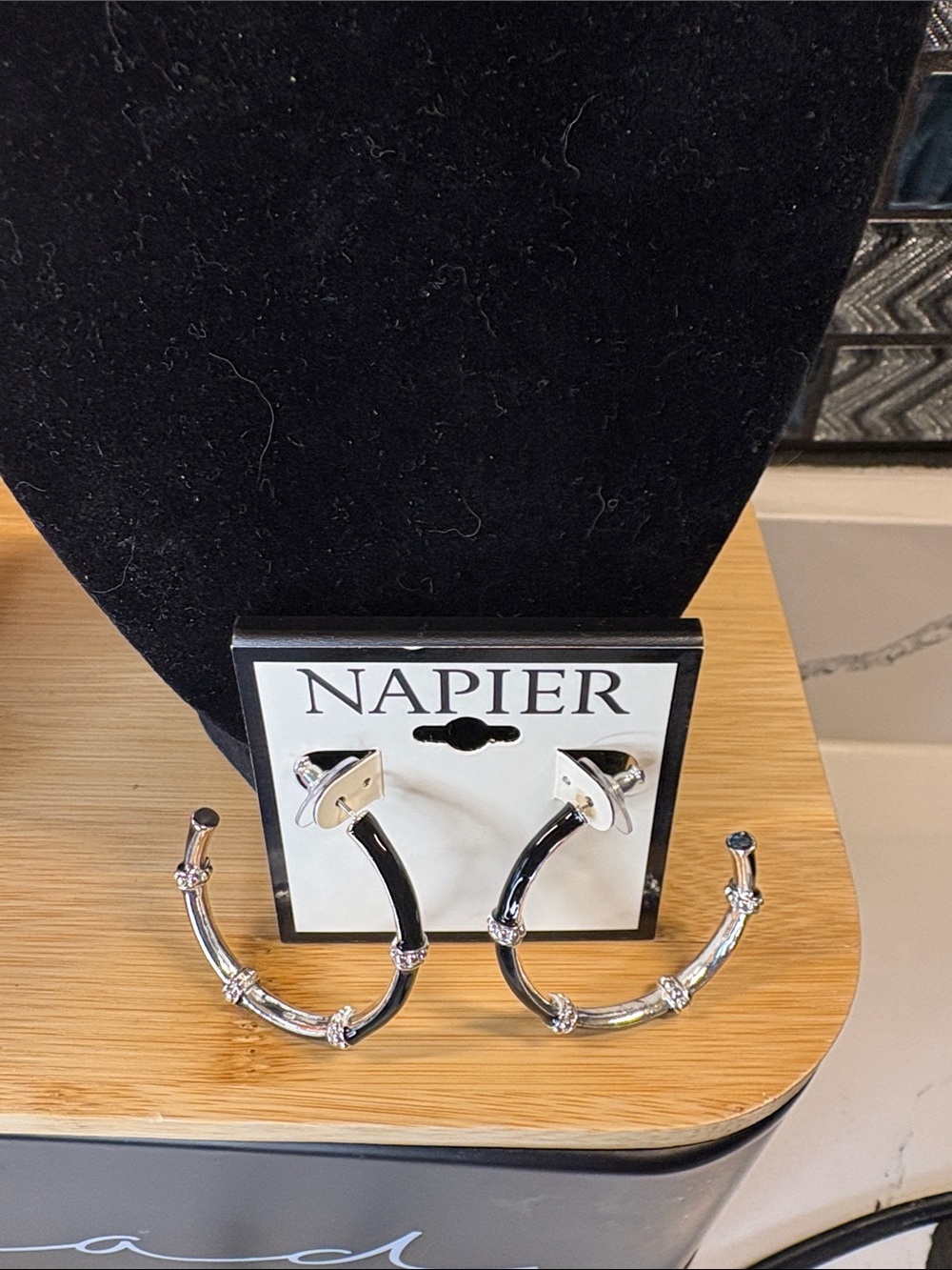 Napier Black and Silver Bamboo-Style Hoop Earrings